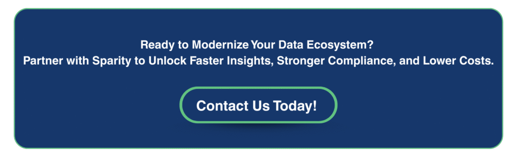 Call-to-action banner: Partner with Sparity for data ecosystem modernization to unlock faster insights, stronger compliance, and lower costs